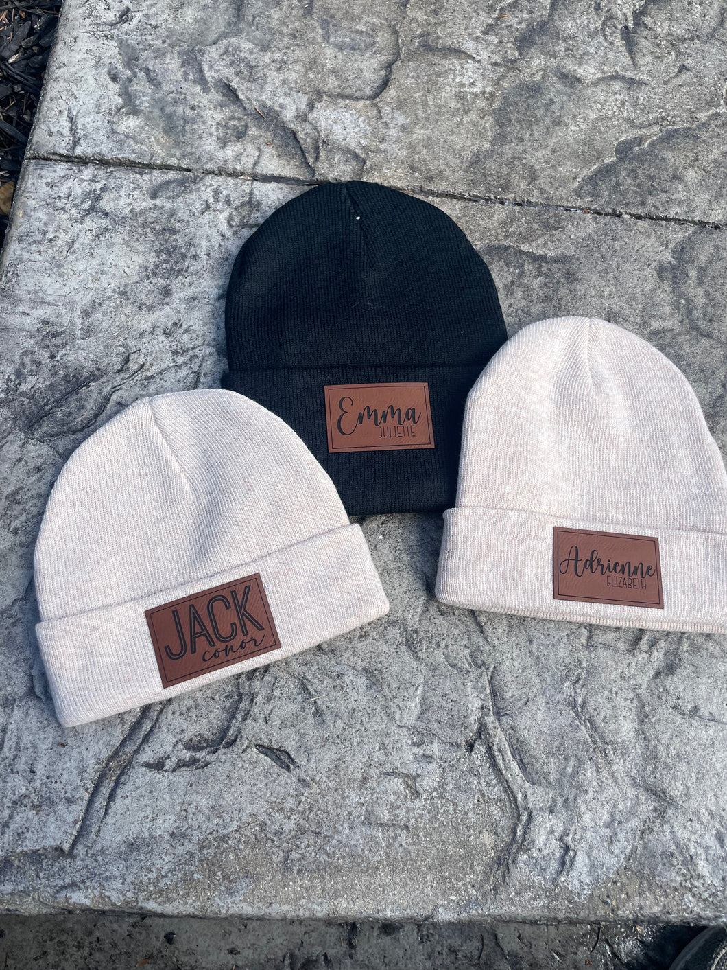 Kids Beanies with Leather Engraved Name Patch