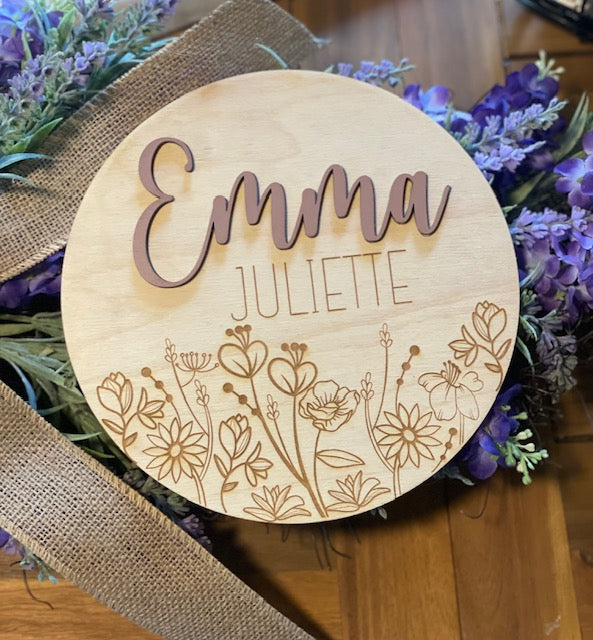 3D Wooden Name Announcement with Engraved Wildflowers