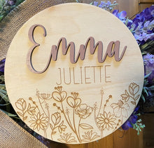 Load image into Gallery viewer, 3D Wooden Name Announcement with Engraved Wildflowers
